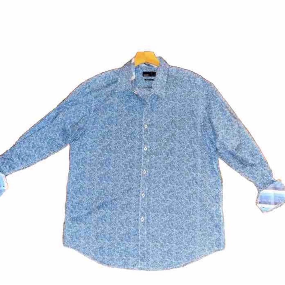 QUETI Men’s Shirt Long Sleeve Button Down Shirt XXL Blue Polka Dot Plaid…